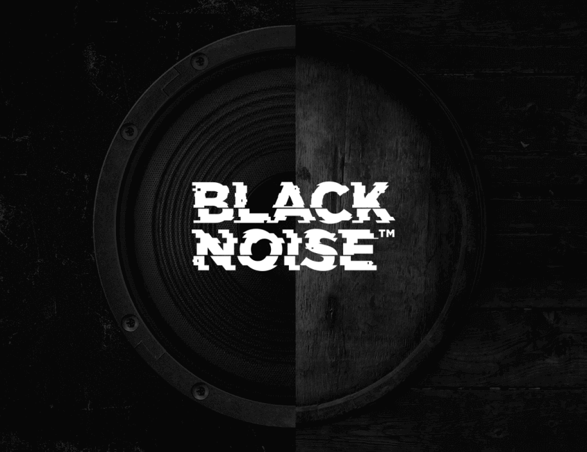 Half a barrel of whiskey and half a speaker forming a circle with BLACK NOISE written in front