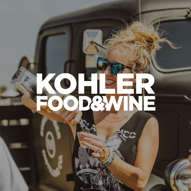 Kohler Food & Wine Logo in front of woman pouring BLACKENED into a shot glass